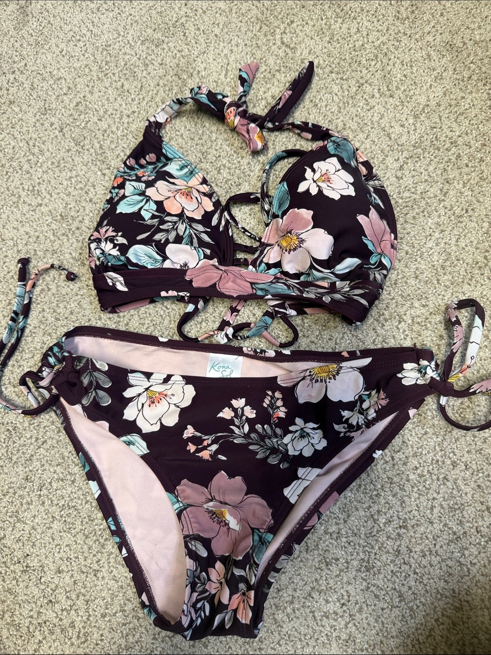 Kona Sol Plum Floral Halter Bikini Set with Pink and Mint Accents